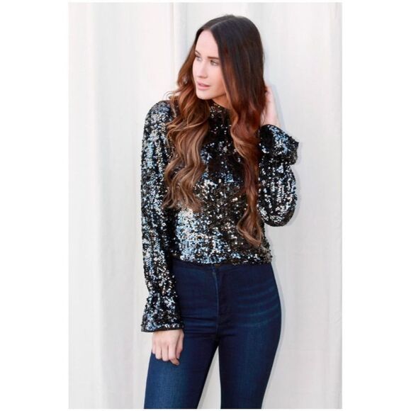 Free People Open Back Black Sequin Mockneck Lined Shirt Top Bell Sleeve XS NWT - Picture 3 of 11